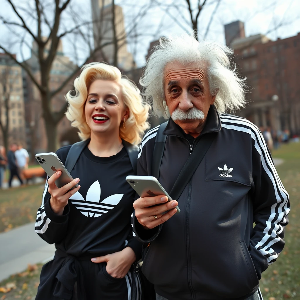 Marilyn Monroe and Einstein in a New York park. Both are wearing Adidas clothes from head to toe. Both are using iPhones. - Image