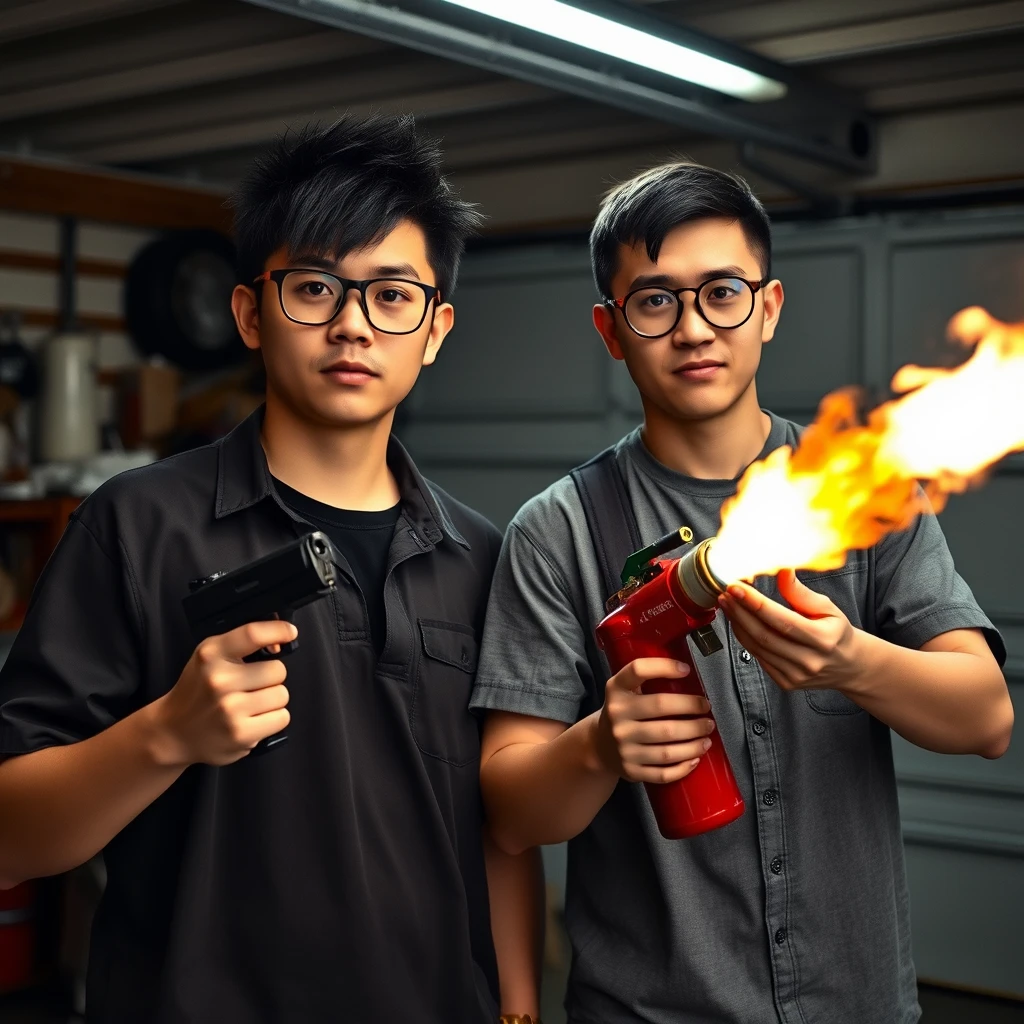 21-year-old white Chinese man wearing square glasses, fringe mullet, holding a pistol; 21-year-old white Italian man wearing round glasses and short hair holding a very large fire extinguisher flamethrower, garage setting.