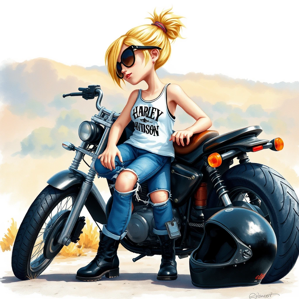 hyper detailed soft pastel watercolors alcohol ink of a whimsical little sweet blonde leaning up against her black motorcycle, wearing blue ripped jeans and a Harley Davidson white tank top, black riding boots, hair in a messy bun blonde in color, black sunglasses, has a little attitude and her black motorcycle helmet is on the ground beside her black motorcycle, soft scenery background, textured painterly on canvas, cute adorable animated movie image, 3D, HD