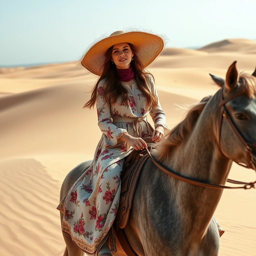 a women wearing big hat and riding a grey horse,Floral Clothes，in desert on dune - Image