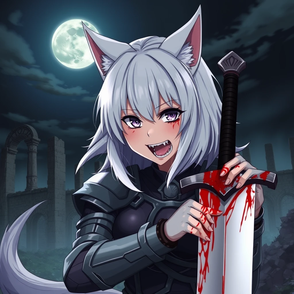 Anime girl with fangs, medium white hair, wolf ears, and a tail, with purple eyes and an evil grin, blood on her face, holding a sword in her right hand. The sword is covered in blood. The girl is wearing armor. Old ruins can be seen in the background; it is dark and foggy. In the sky, there is a full moon. Dramatic, dynamic, cinematic.