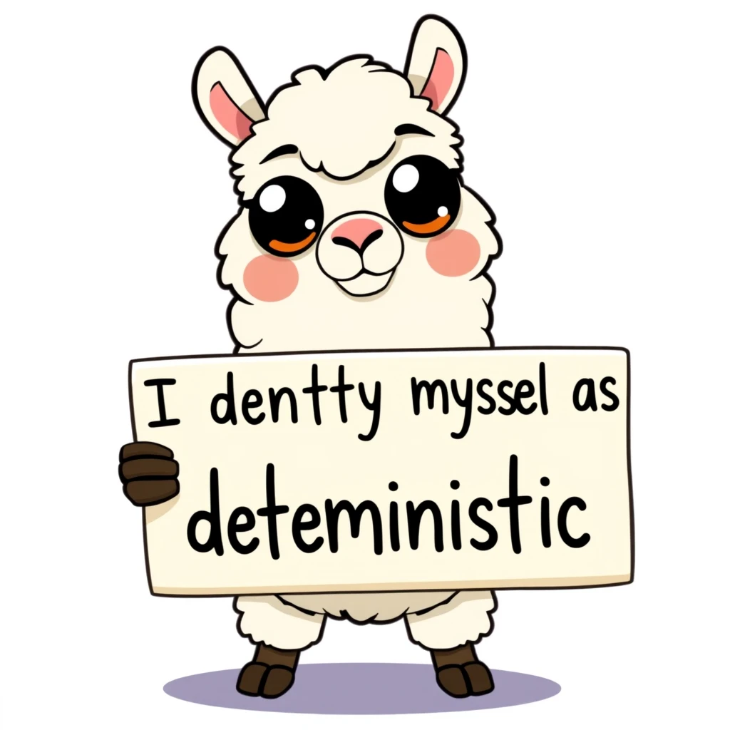 Cartoon llama holding a placard that says "I identify myself as deterministic", digital art style, vibrant colors, humorous expression, white fluffy llama with big eyes, placard held by hooves, clean lines, playful design, against a simple background. - Image