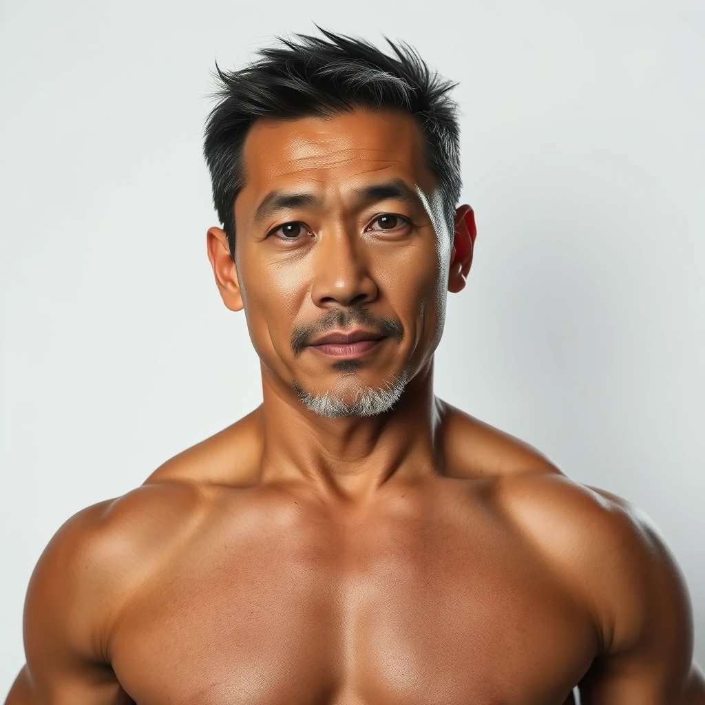 A portrait of a muscular middle-aged Asian man.