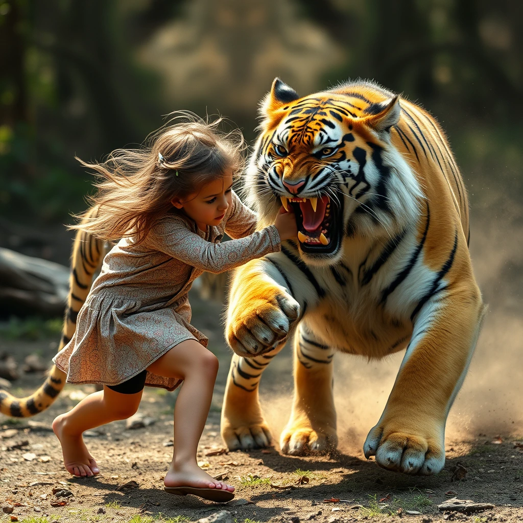 a girl fighting with an angry tiger - Image