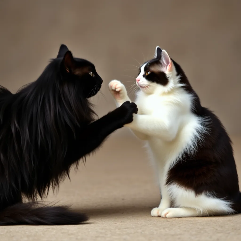 long hair black cat and full white cat fight