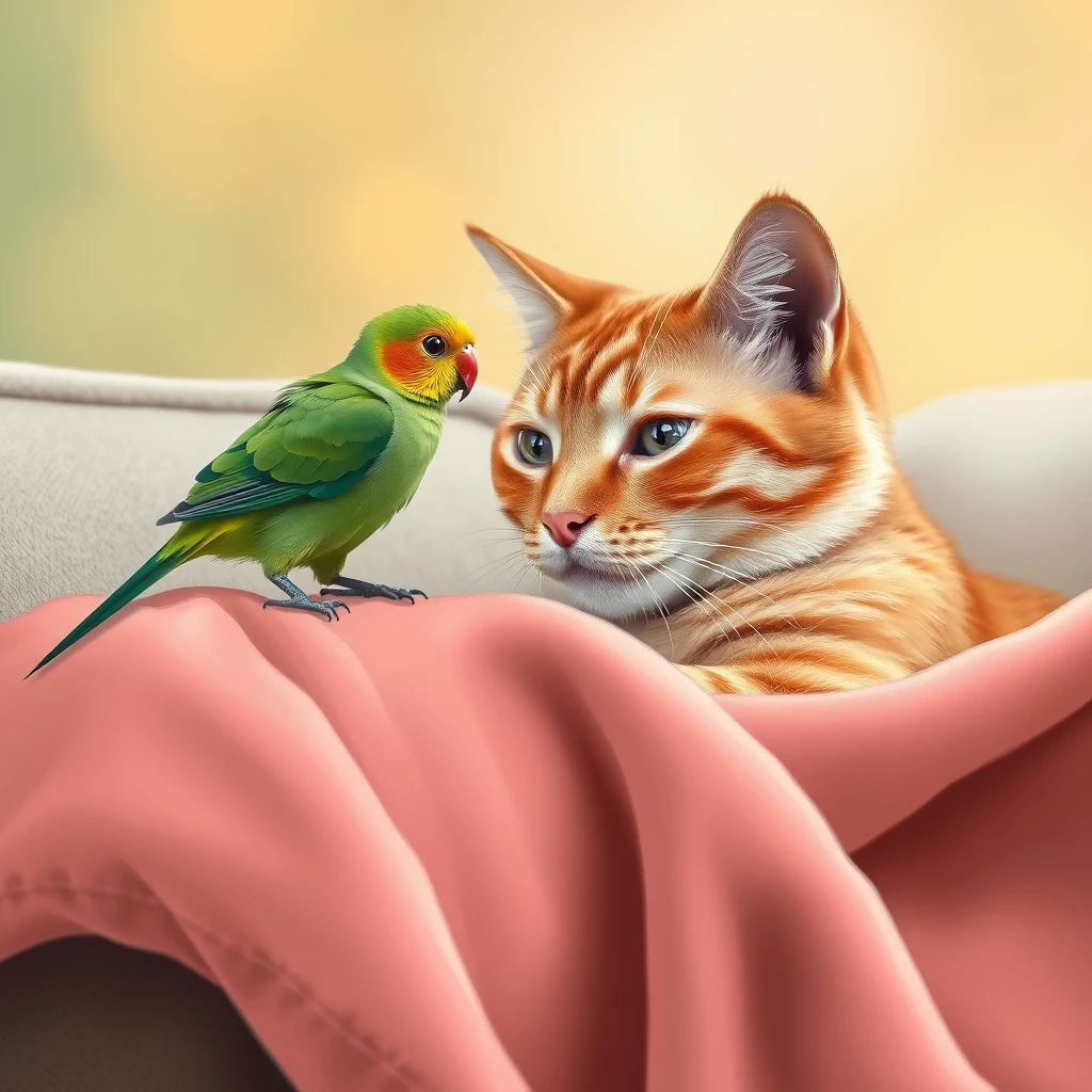 A high-quality digital painting of a close-up interaction between a ginger tabby cat and a green-pied lovebird. The cat is resting its head on a rose gold velvet throw blanket on a couch, looking intently at the lovebird. The lovebird, perched on the blanket, faces the cat with wide, curious eyes. The background is a soft, blurred gradient of green-yellow-peach and rose gold, creating a peaceful, elegant setting. The overall lighting is gentle and natural, enhancing the serene and intimate moment between the two animals. - Image