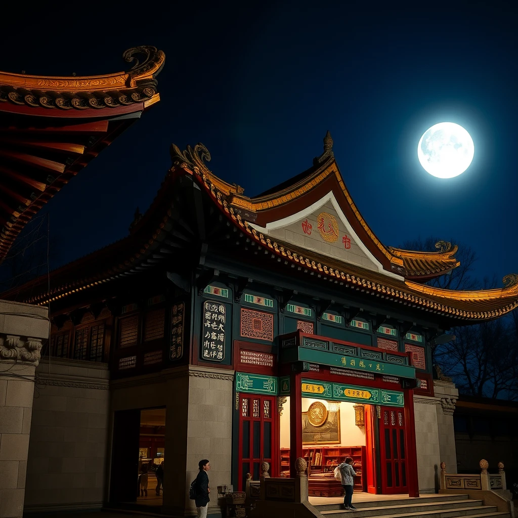 "A classic Oriental beauty, on ancient architecture, at night, with a bright moon." - Image