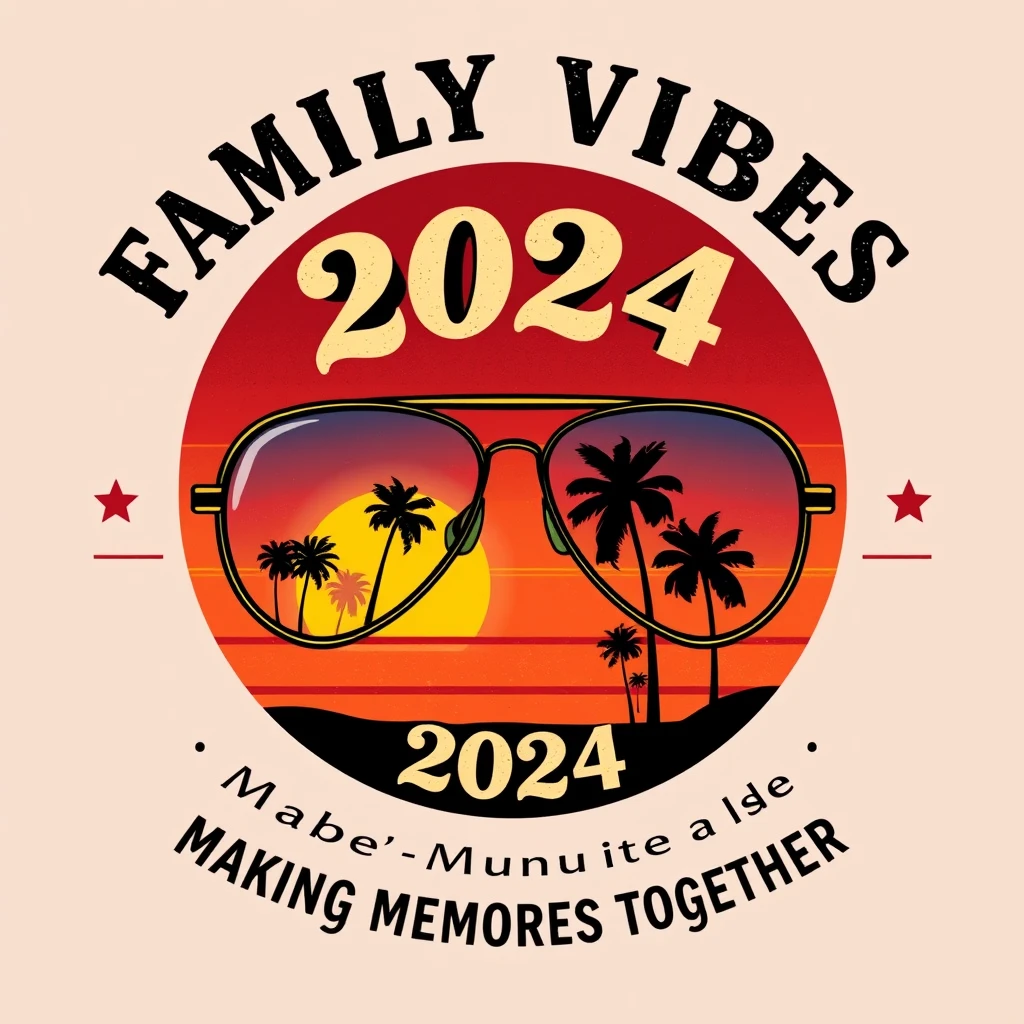 Create a vintage-style T-shirt design featuring the phrase 'Family Vibes 2024: Making Memories Together'. The design should prominently feature a pair of aviator sunglasses with lenses displaying a gradient sunset with shades of red, orange, yellow, and blue, along with silhouettes of palm trees. The numbers '2024' should be integrated within the lenses. Use a mix of bold and cursive fonts for the text to enhance the retro, nostalgic feel, and apply a slightly distressed texture to give the design a worn, classic look. - Image