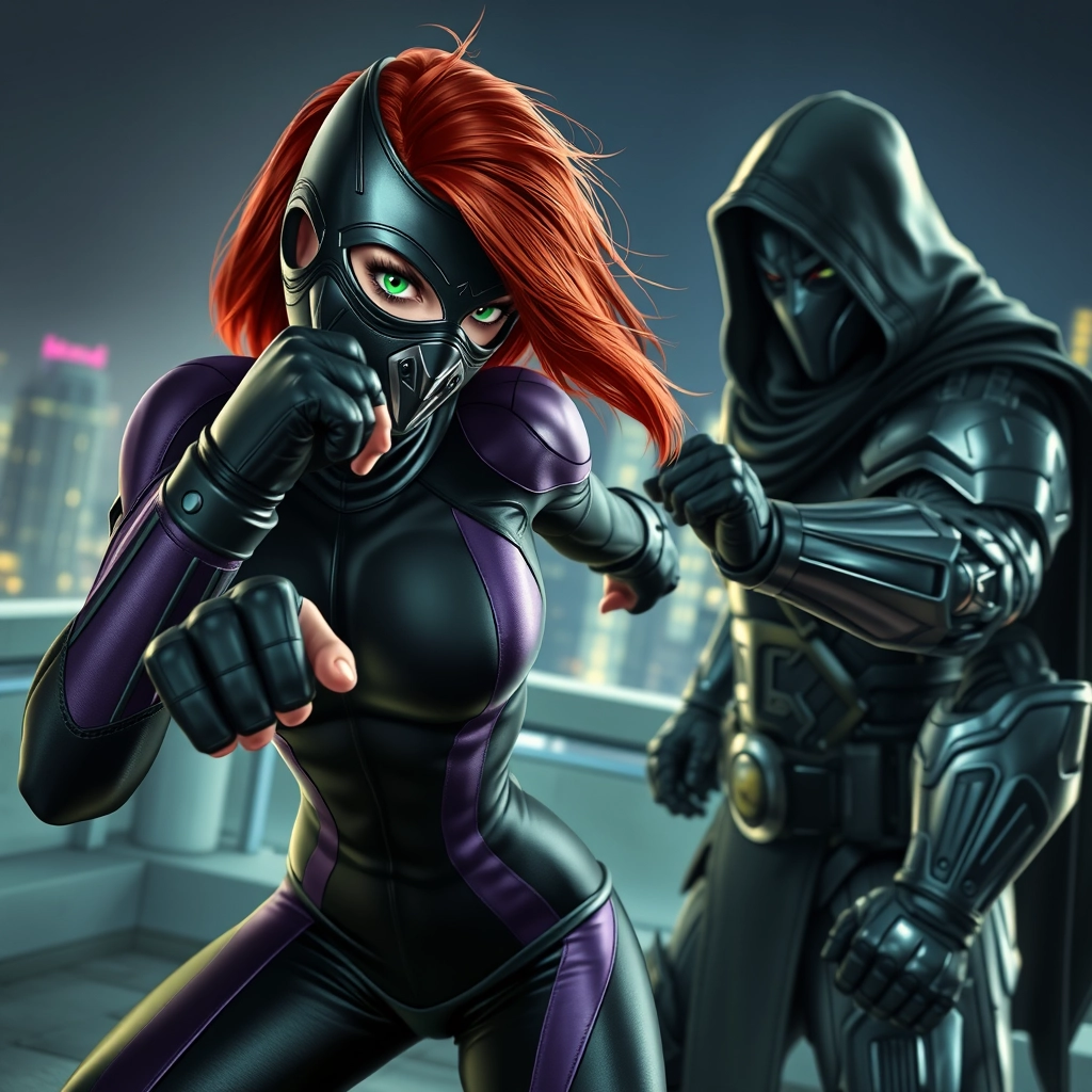 female redhead with green eyes and a black metallic mask that covers her face, wearing black and purple futuristic spandex, is throwing a punch at a tall man in heavy metallic armor with a black hood and cape on a futuristic nighttime rooftop, in a dynamic and realistic pose. - Image