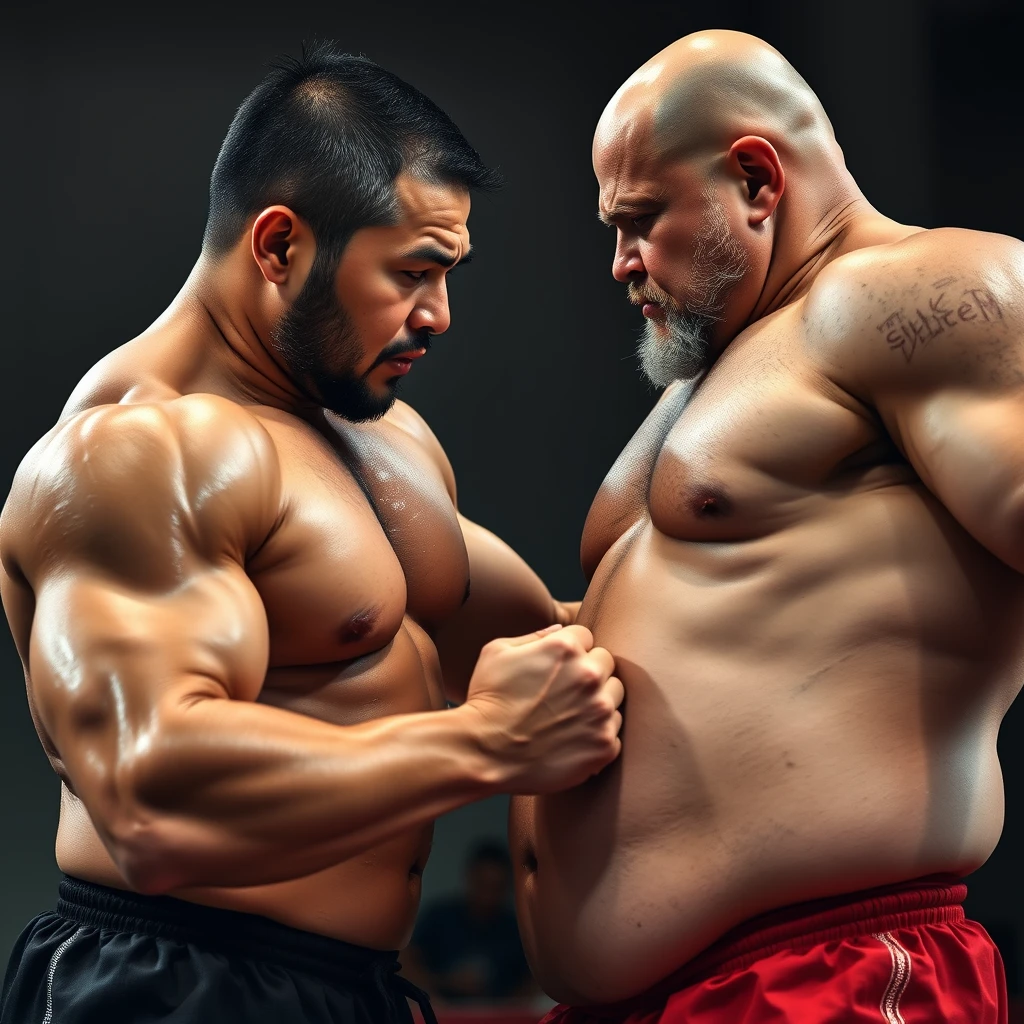 A muscular middle-aged Asian man is hitting the belly of an opposing Asian strongman with his fist, his fist deeply sinking into his belly. - Image