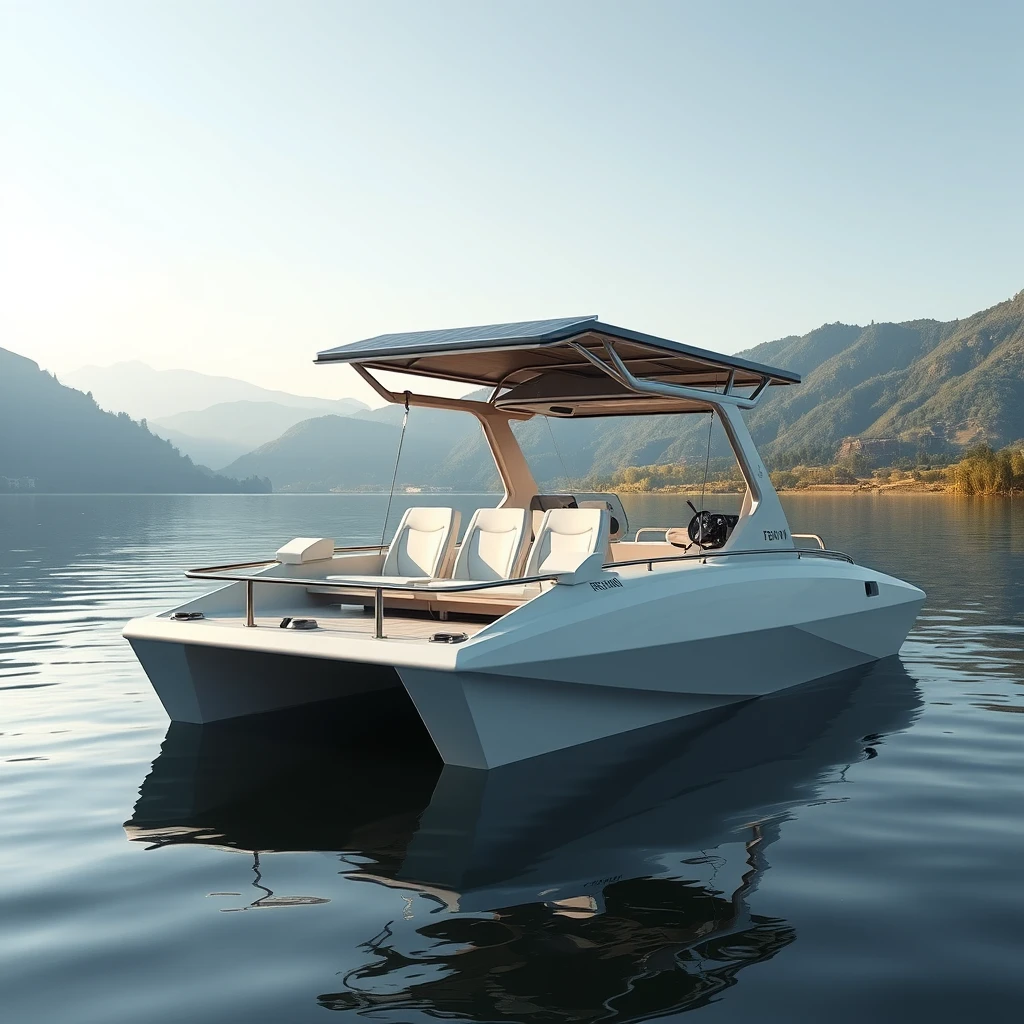 Smart Indian styled design of an open hydrodynamic, short, squarish, compact Catamaran boat with 6 seats, with subtle safety rails, in a calm lake in Kashmir, the platform powered by batteries and thruster pods, with joystick controls on the dashboard, carrying a foldable hard roof with the solar panels over it. - Image