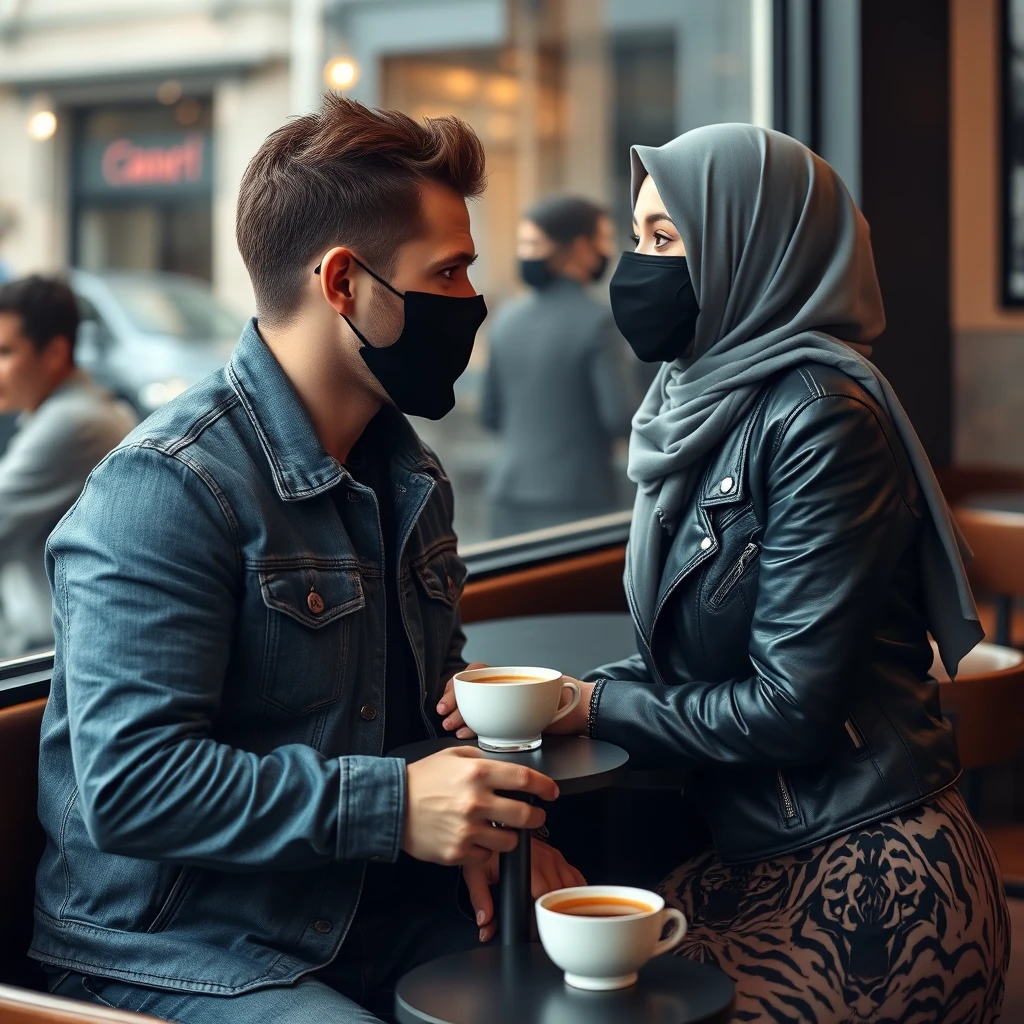 Jamie Dornan's head and body shot, handsome, black face mask, blue jeans jacket, jeans, dating with a gray hijab Muslim girl, beautiful eyes, black face mask, black leather jacket, the biggest tiger pattern skirt, at a cafe, 2 cups of espresso on the table, looking at each other, photorealistic. - Image