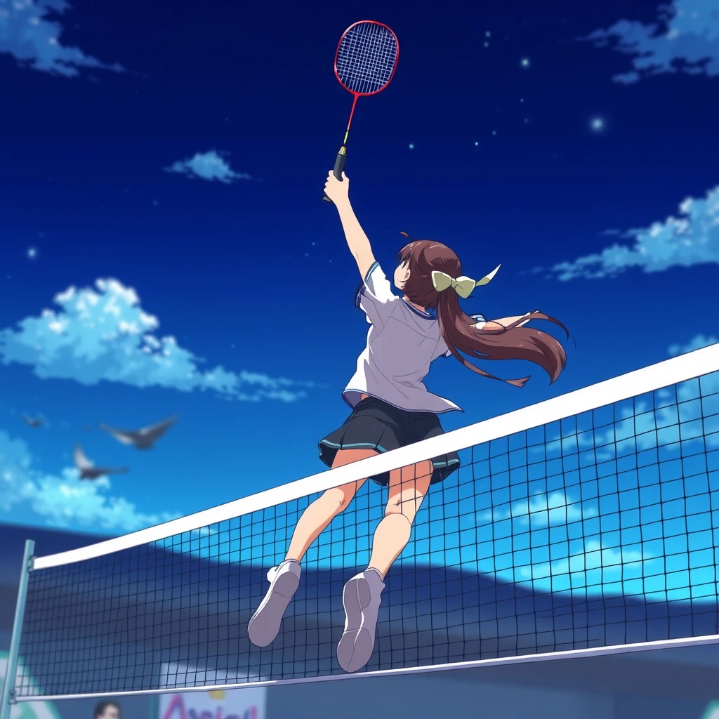 A girl jumps up with a badminton racket in her right hand to smash, at the net, back view, anime. - Image