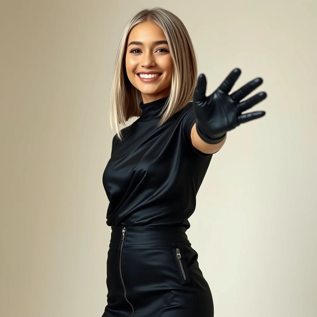 A modern fashion portrait of a young lady with a joyful expression, her straight silver-blonde hair cut to shoulder length, dressed in a chic black outfit with a silk-like texture, featuring a high-waisted skirt with striking zippers, complemented by fitted long black leather gloves, against a soft-toned simple background, soft diffused lighting casting gentle shadows to accentuate the sleekness of the materials, full body shot with a hand elegantly extended towards the camera. - Image