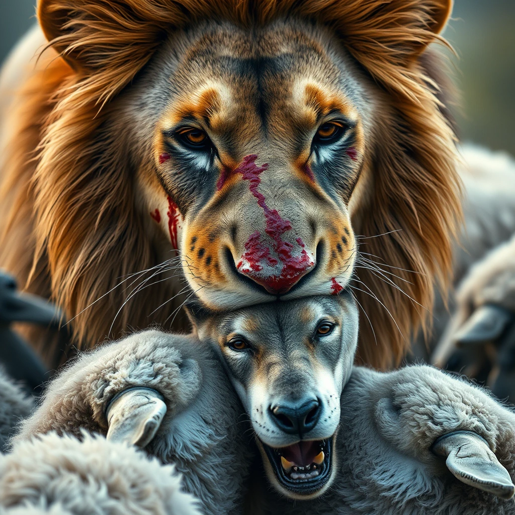 Modern close-up 4k shot of a lion, bloodied, with a wolf in its mouth, surrounded by sheep it is defending.