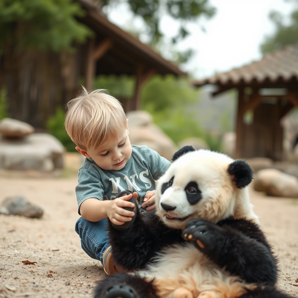 cute little blonde boy plays with a panda - Image