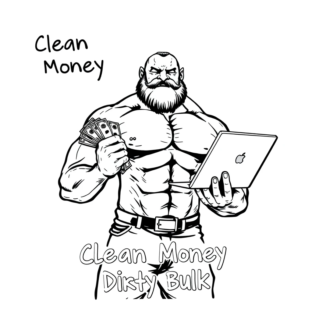 A dot comic ink black monochromatic style of a muscular gigachad holding a wad of cash and a MacBook. Text says “Clean Money Dirty Bulk.”