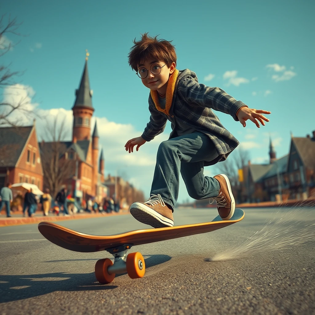 Photorealistic: Harry Potter on a skateboard.