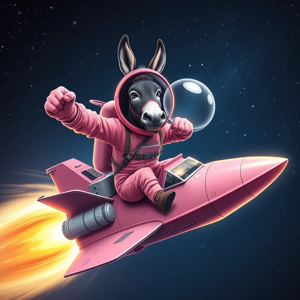 An ambitious donkey wearing pink astronaut costume, riding on a stunning spaceship, making a punching gesture, flying to the outerspace under a clear night sky with lots of shining stars. Realistic style.