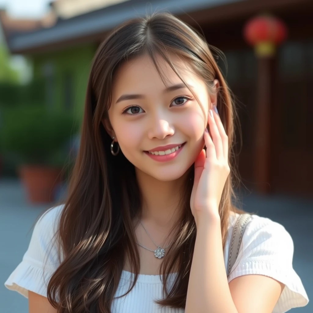 A girl, pretty beautiful, Chinese, 18 years old, college student, summer.