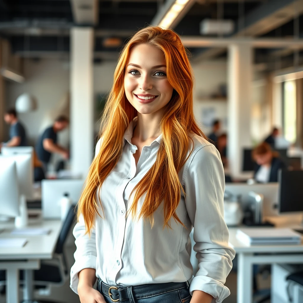 A 24-year-old gorgeous redhead Russian supermodel standing in a coworking space, smiling at the camera. She is dressed in casual professional attire, with detailed facial features showing her determination. The background includes desks, colleagues, and office equipment. --ar 2:3 --style raw - Image