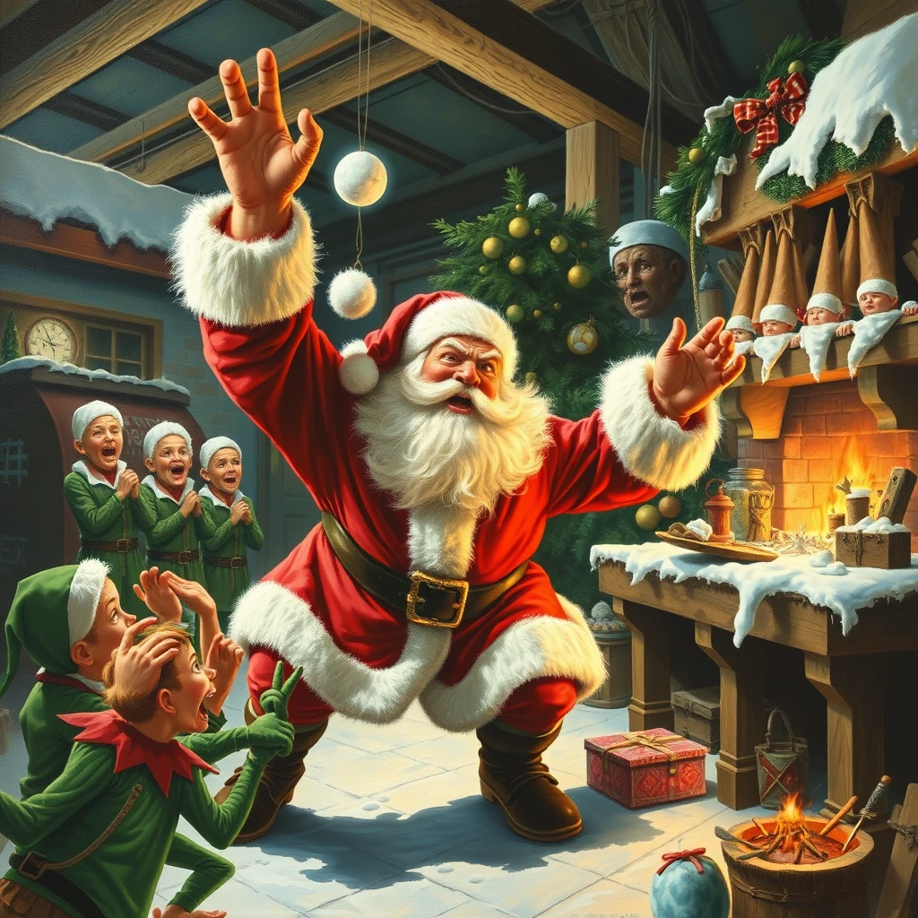 Santa is mad again and raging through the workshop, elves are cowering in terror, a painting by Arthur Sarnoff.