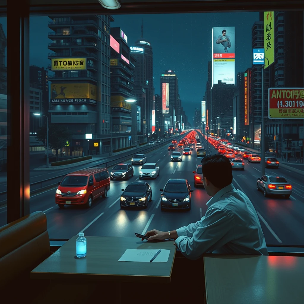 A white-collar worker sits inside a restaurant during the late-night rush hour, with the city's nightscape and traffic flowing outside the window, in a cyberpunk style. - Image