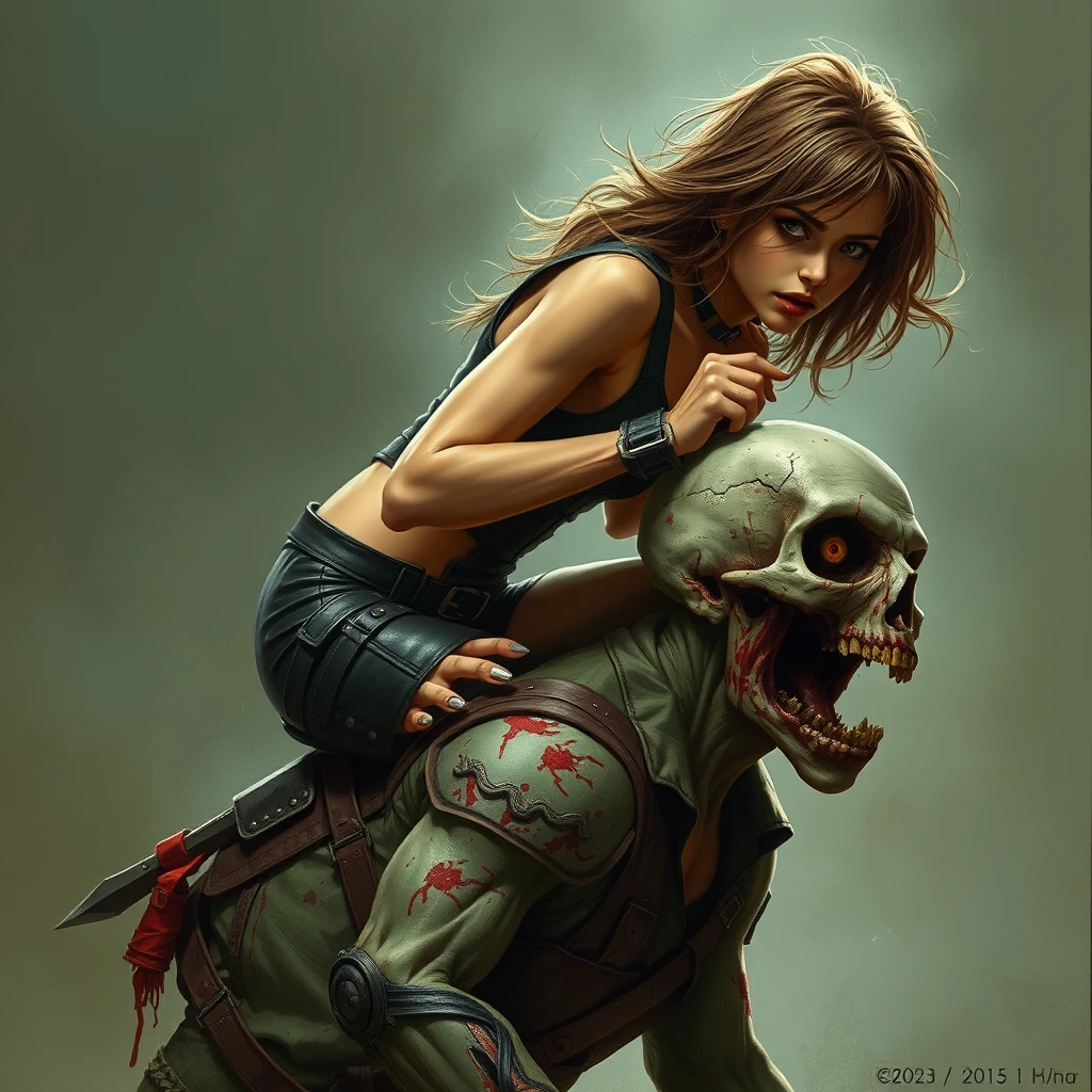 A girl in sexy battle leather rides on a zombie's shoulder and is ready to use a stab to kill him. - Image