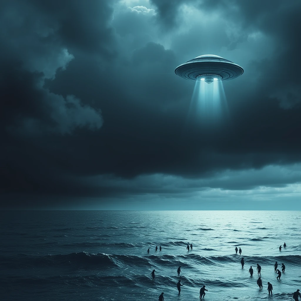 sea side, dark clouds, ufo, alien invaders