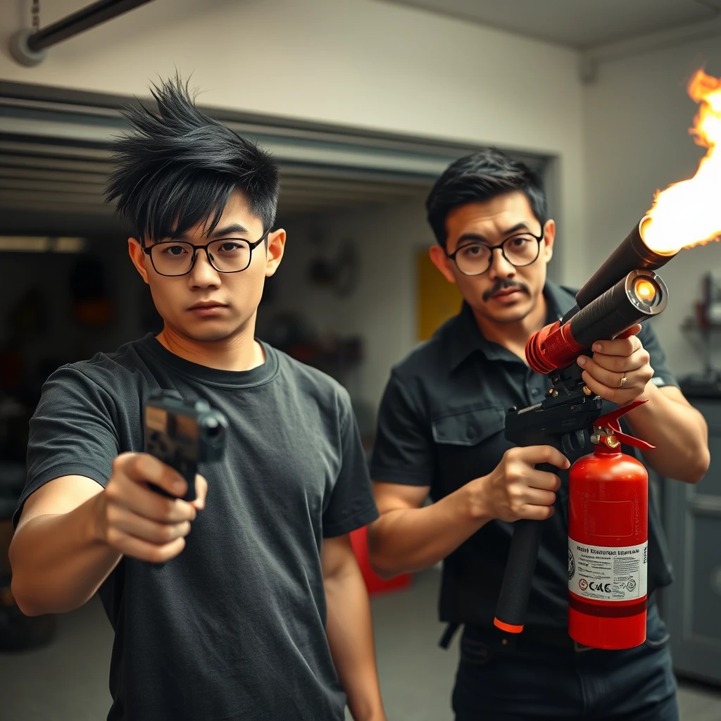 21-year-old northern Chinese man with a long black fringe mullet, square glasses, holding a dangerous pistol; [21-year-old white Italian man with round prescription glasses and short hair holding a very large fire extinguisher flamethrower], garage setting, both angry. - Image