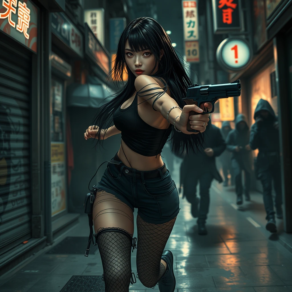 sexy alluring cyberpunk Japanese female with long straight black hair, sprinting desperately down a dark dystopian urban alleyway being chased by cyberpunk assassins in hooded cloaks, holding a revolver pistol in her right hand, ripped jeans, ripped fishnet leggings, she is turned towards the chasers with pistol shooting at them, bokeh, depth of field, cybernetic implants, grunge graffiti art style, Japanese shop signs, neon lights with realistic lighting, dark and gloomy, manhwa art style, realistic lighting, realistic reflections, high quality, 8k, concept art, close-up camera shot, realistic hands, realistic pistol. - Image