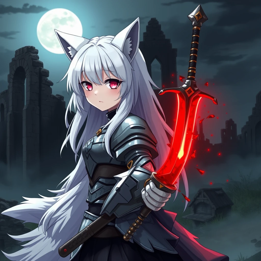 Anime girl with white hair, wolf ears, and a tail, holding a sword; the sword is glowing red and covered in blood. The girl is wearing armor. Old ruins can be seen in the background; it is dark and foggy, and the sky has a full moon.