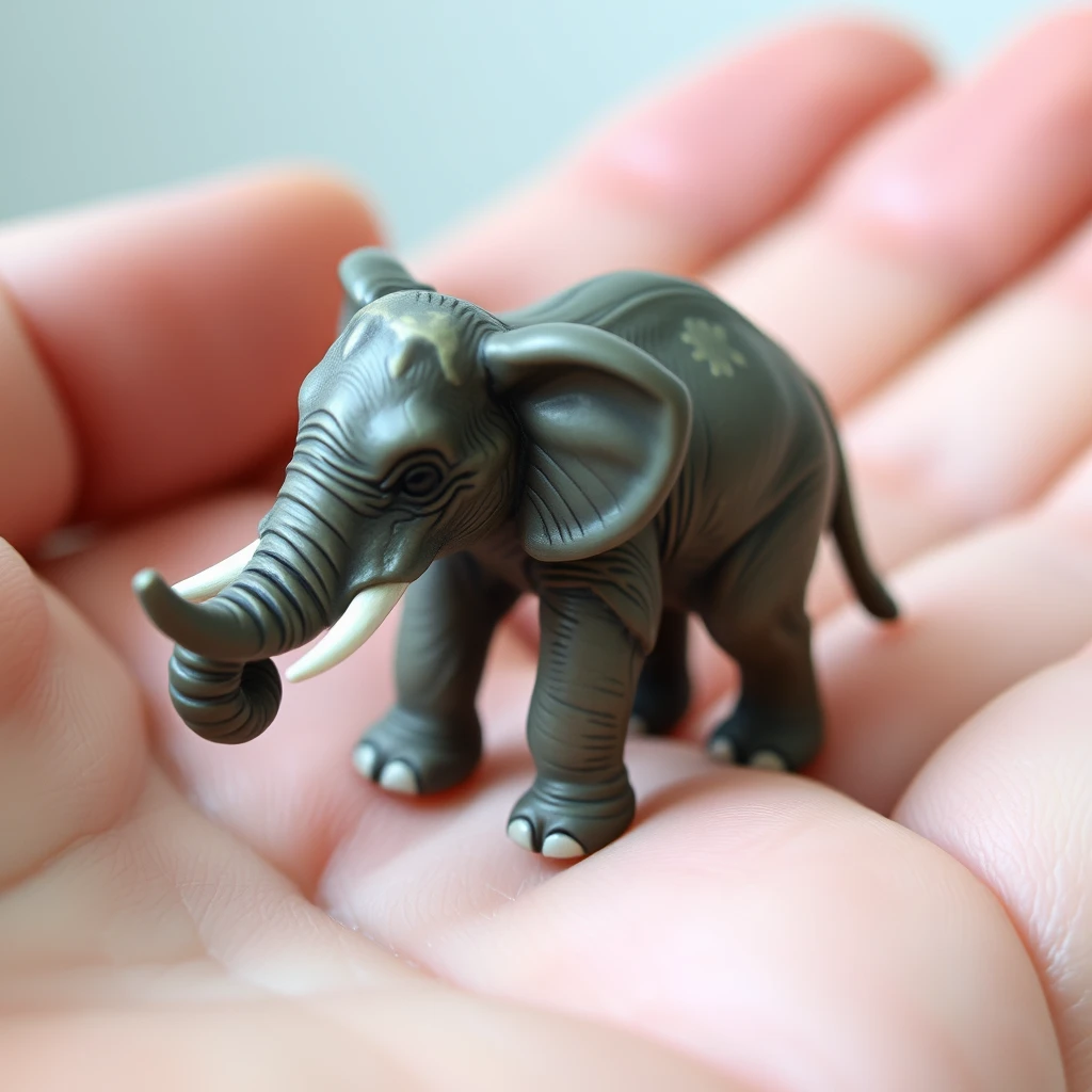 A very small tiny realistic cute elephant on all fours in a hand. - Image