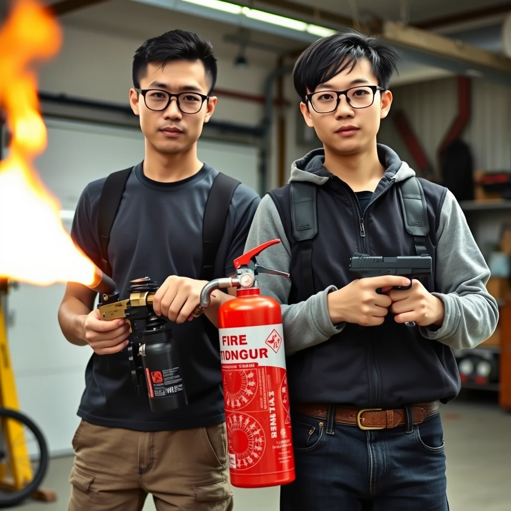 Two-person set, two men, both are 21 years old. One is a Caucasian man and the other is a Northern Chinese man; they are together in a garage setting. 

The first one has these features: he is rather thin and has round prescription glasses. He also has short black hair and is holding a very large fire extinguisher flamethrower. 

The second one has these features: a thin, long face, wears square prescription glasses, has mid to long black hair with a fringe, and is holding a pistol.