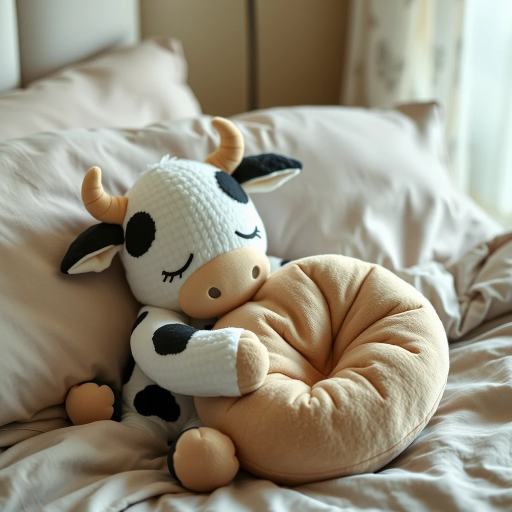 A cute plushie cow going to sleep on a bed while hugging a beige bean. - Image