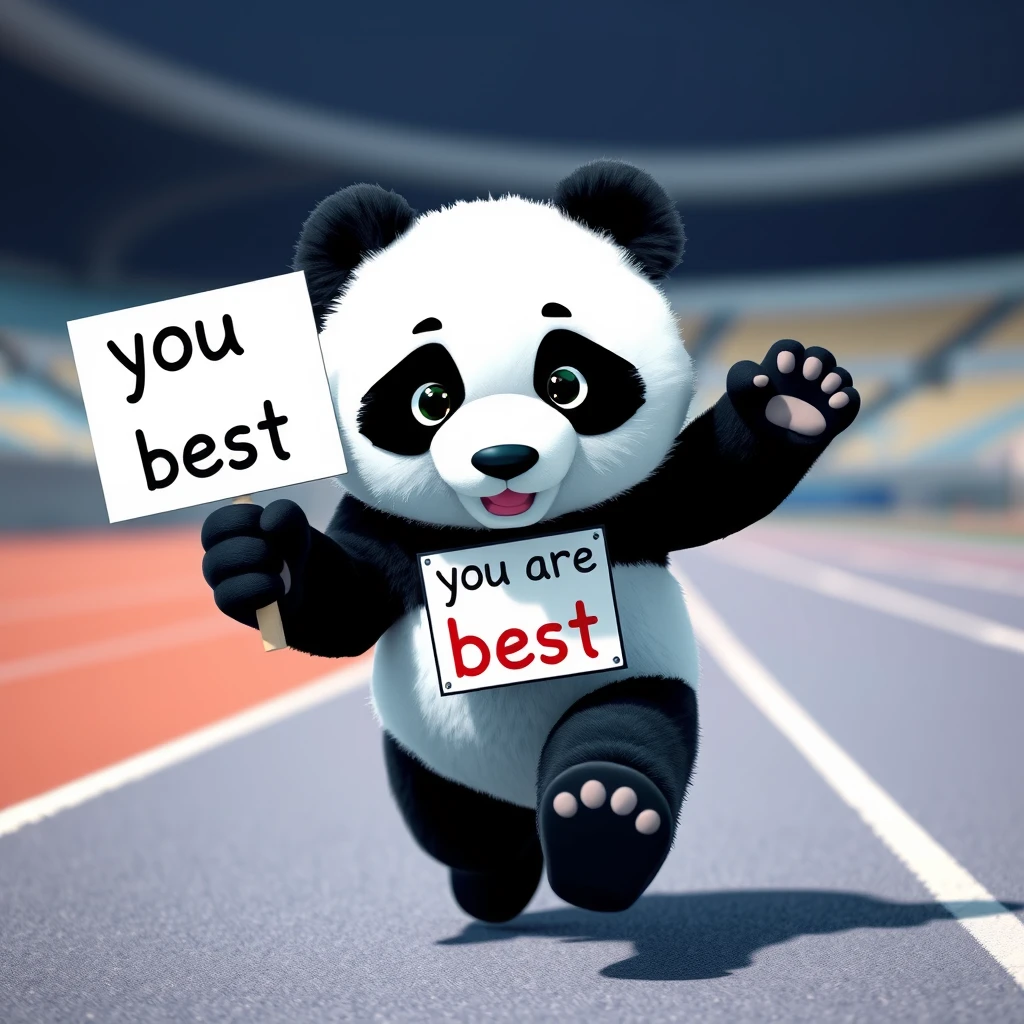 A personified panda is running on the athletics track, holding a sign that says "you are the best."