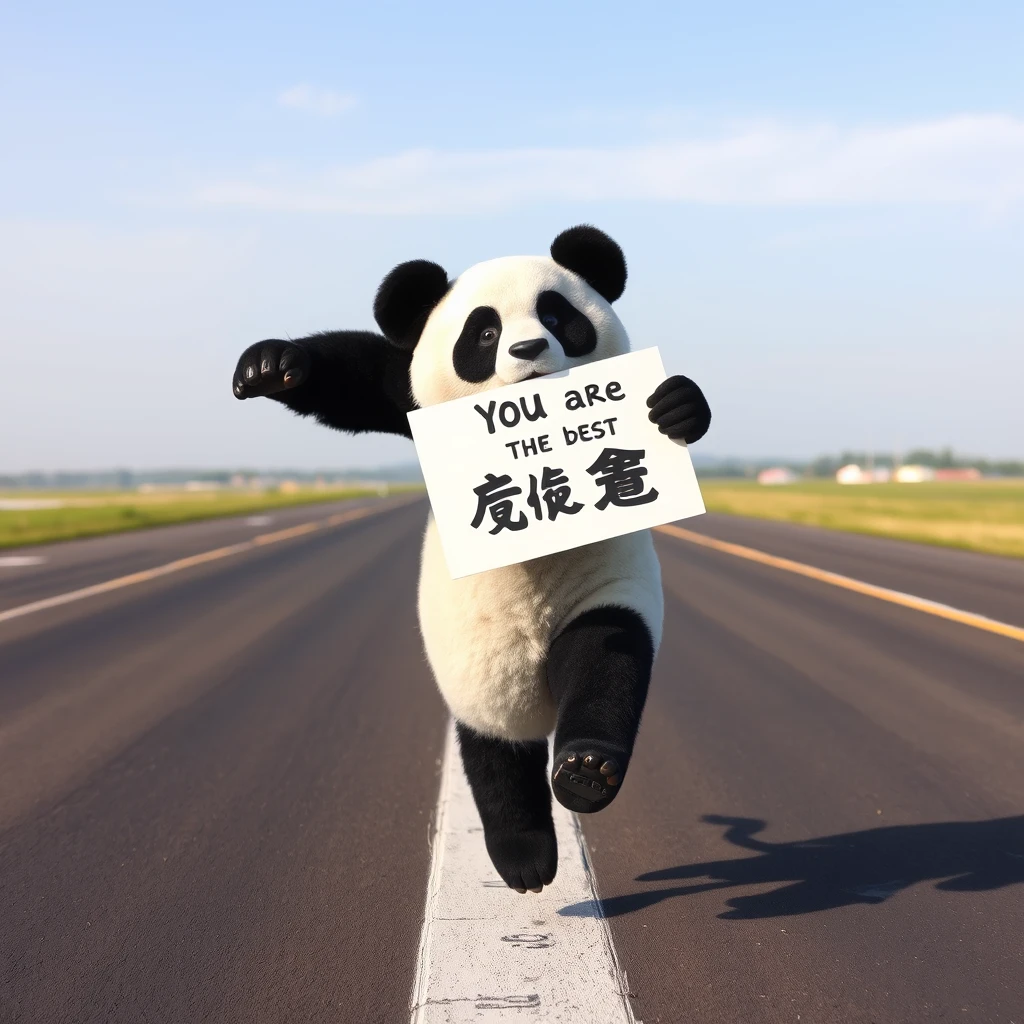 A personified panda is sprinting on the runway, holding a sign that says "You are the best" in Chinese characters.