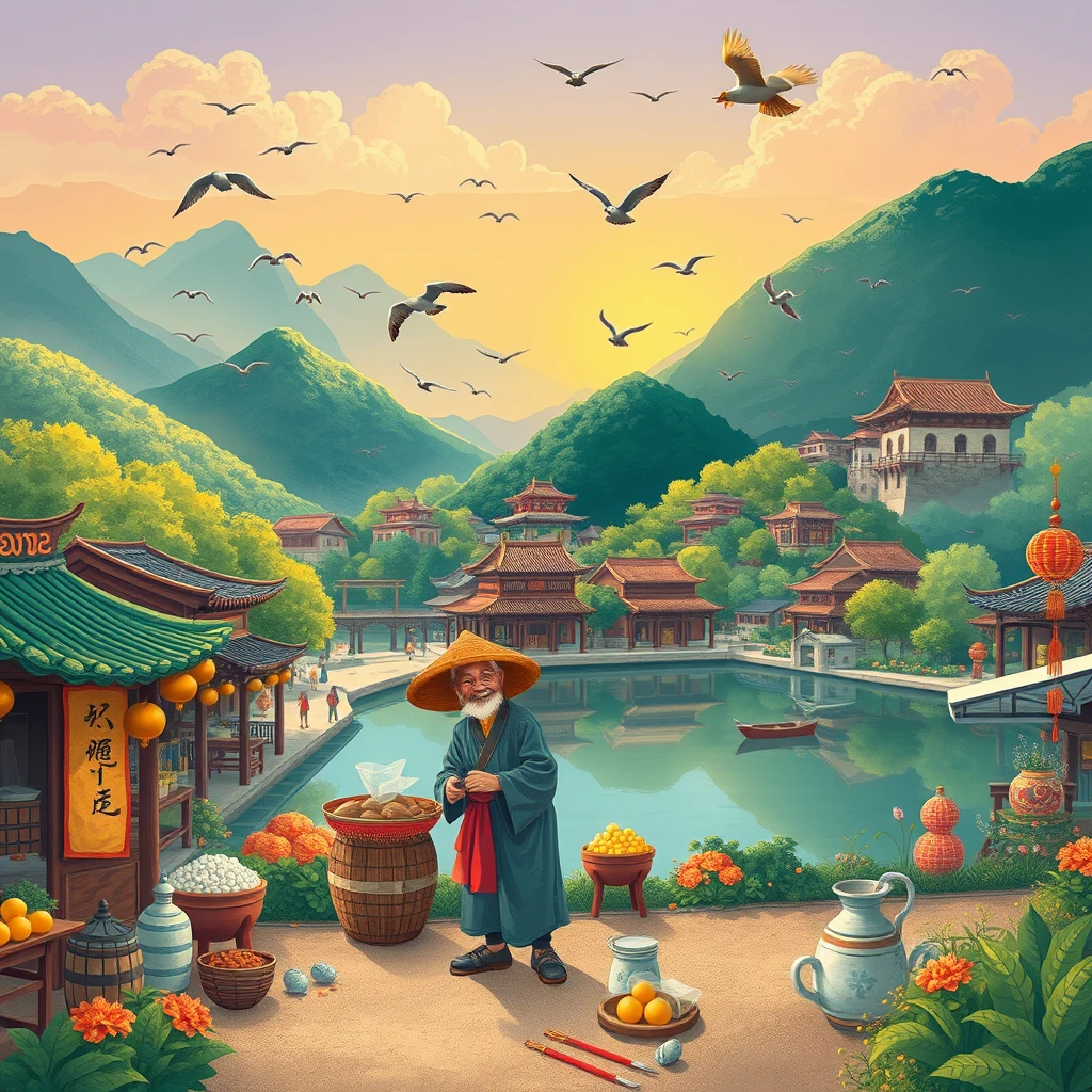   “Create a vibrant and playful illustration featuring a lively ancient marketplace with a whimsical, child-friendly style. 
  Use bold, bright colors and soft, rounded shapes to evoke a sense of wonder and excitement. 
  The atmosphere should be colorful and engaging, with abstract representations of stalls and buildings. 
  For another scene, illustrate a calm riverside with gentle, flowing lines and soft, soothing colors.
  Add a touch of fantasy with imaginative elements to make the environment inviting for children. 
  Consider a festive scene with bright, cheerful decorations and a fun, animated vibe. 
  Ensure the illustrations are highly detailed, with a high level of artistry, and are appealing and engaging for a young audience.”

a beautiful awesome artistic scene of a diligent old farmer in the countryside of ancient Song State, surrounded by lush green mountains and a serene lake at sunset, with many birds flying overhead, long exposure, 8k resolution, ((masterpiece)) - Image