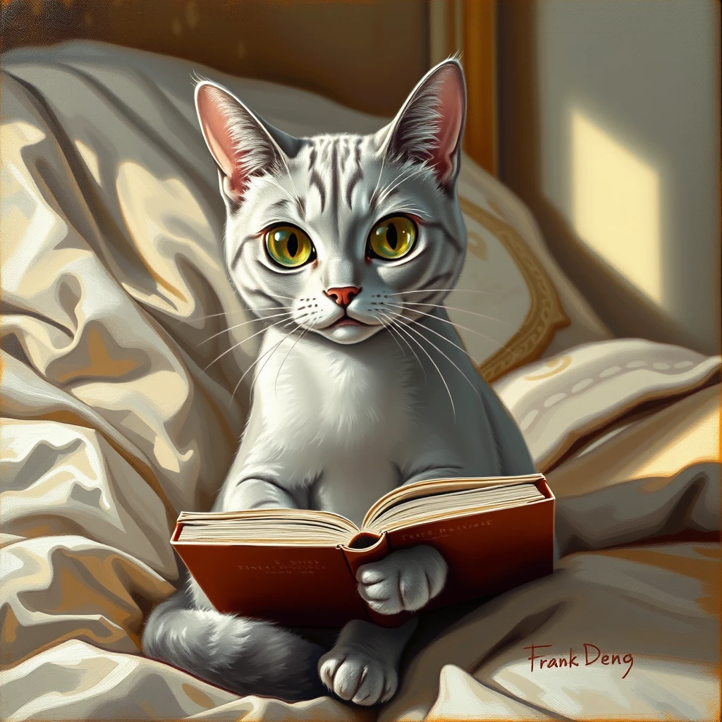 Painting Style: Professional oil painting, rich in texture and detail, reminiscent of classical portraiture but with a modern twist.  
Subject: A silver-colored cat, rendered in a Japanese anime style with large, expressive eyes and sleek, stylized fur. The cat has an aloof and sophisticated expression. It is sitting upright on a bed with a book held open in its paws, seemingly engrossed in reading.  
Setting: The bed is depicted with soft, rumpled bedding and perhaps a decorative headboard. The overall lighting suggests a cozy and intimate bedroom setting, bathed in warm, natural light.  
Details: Pay attention to the texture of the cat's fur, the delicate details of its face, and the intricate folds of the bed linens. Capture the reflective quality of the light on the silver fur. The book the cat is reading should have a visible title and perhaps some illustrations.  
Signature: Discreetly place the signature "Frank Deng" in the lower right corner of the painting, as if it were the artist's signature on a traditional oil painting.  
Overall Impression: The painting should evoke a sense of quiet contemplation and capture the unique charm of the anime-inspired cat in a realistic and painterly style. - Image