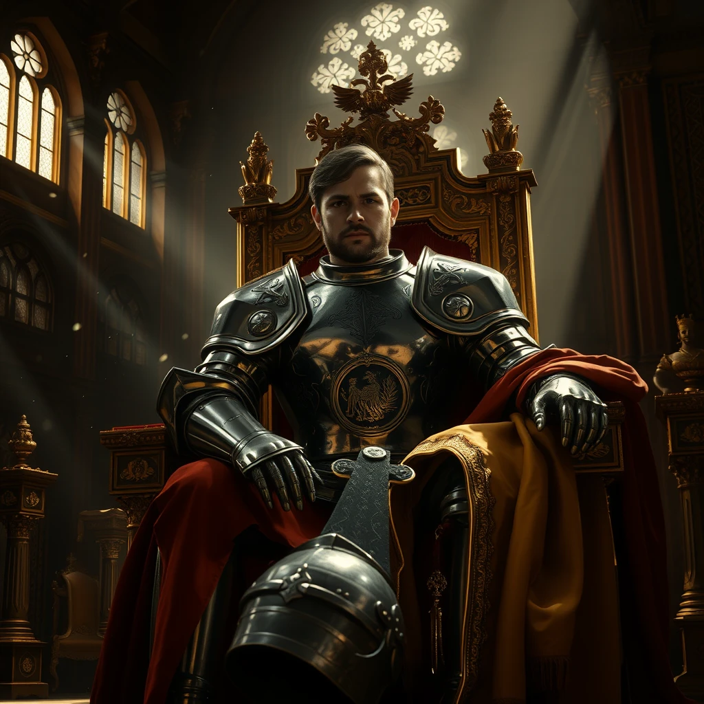 [Scene] A dramatic, chiaroscuro-lit scene depicting a vast, opulent throne room within a medieval palace. Light streams in through towering arched windows, illuminating dust motes dancing in the air and casting long shadows across the richly decorated space.  
[Close Up] The usurper's gleaming armor reflects the light, showcasing intricate engravings and the fine craftsmanship of its construction. The deposed king's worn and tattered robes contrast starkly with the richness of the throne room and the usurper's attire, symbolizing his fall from grace.  
[Character 1] The usurper, a man of undeniable strength and commanding presence, fills the golden throne with his imposing figure. He is clad in full plate armor, polished to a mirror sheen, with a menacing helm resting at his feet. His features, though hardened by battle, are undeniably handsome, with a square jaw, piercing eyes, and a thick, dark beard.  
[Pose 1] He sits sprawled upon the throne, one leg casually crossed over the other, his armored gauntlet resting upon the armrest. His posture is one of relaxed arrogance and undisputed power. His head is slightly tilted, as if observing the scene before him with a mixture of amusement and disdain.  
[Character 2] The deposed king, a once-proud ruler, is now a broken figure. His royal robes are torn and stained, his crown lost, his face etched with despair and humiliation.  
[Pose 2] He kneels in a posture of utter submission at the foot of the throne, his head bowed low, his body trembling slightly.