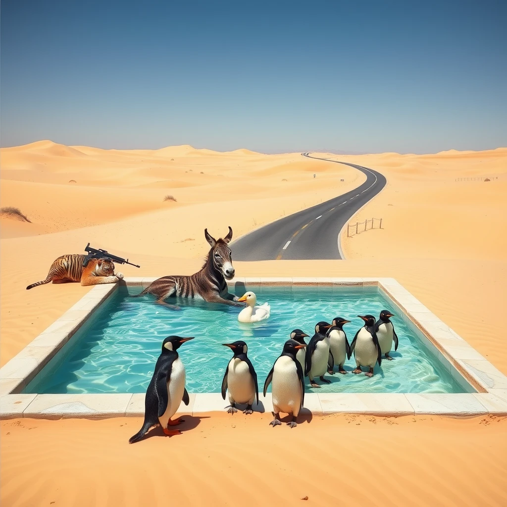 In an endless desert, a donkey and a duck are very cozy lying in a clear swimming pool, two armed tigers with weapons are their guard. Not far from the swimming pool, there is an endless road, where a few penguins are heavily burdened on the road. The duck and donkey are mocking the penguins.