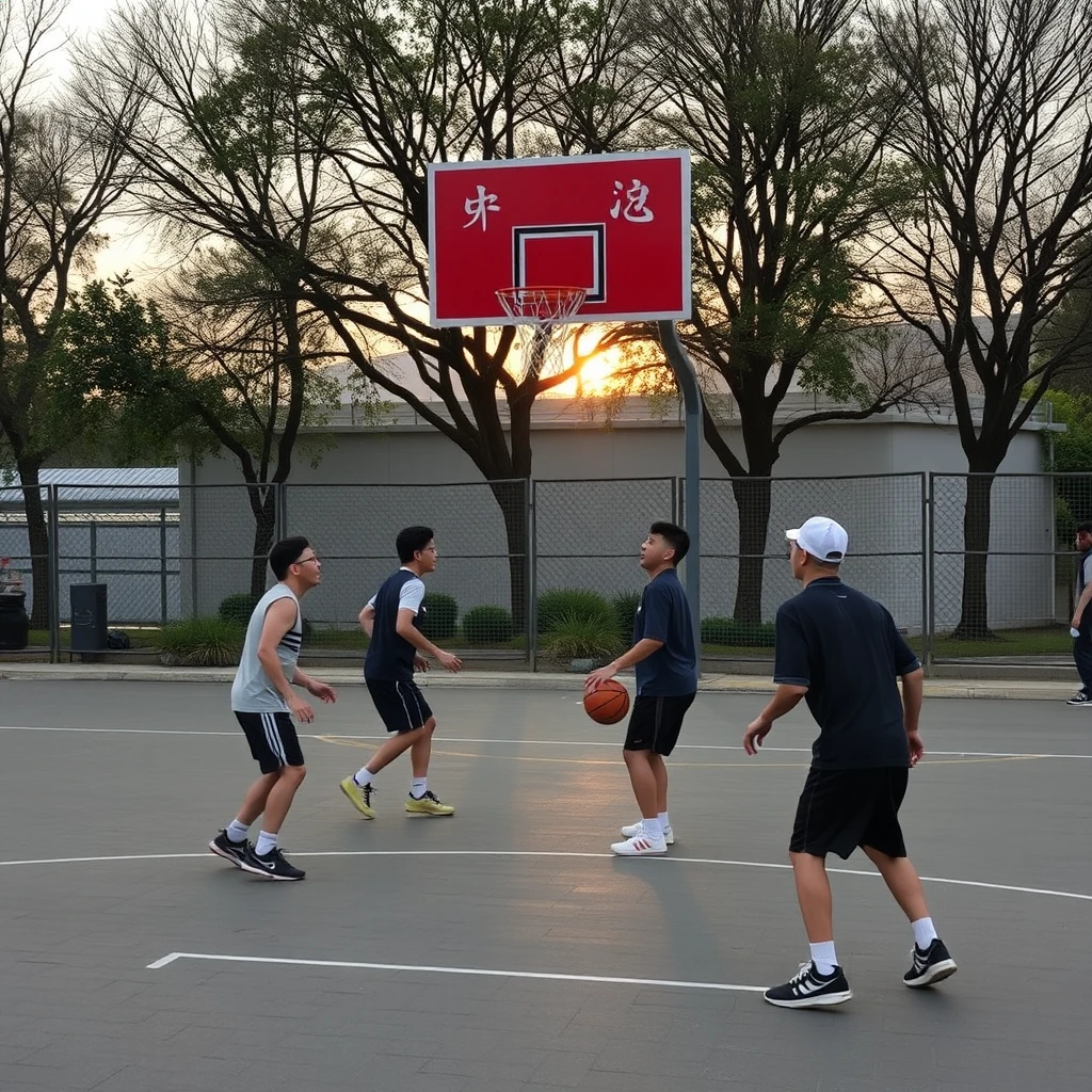 During the day, men and women are playing basketball, with Chinese characters, Japanese, or Korean. - Image