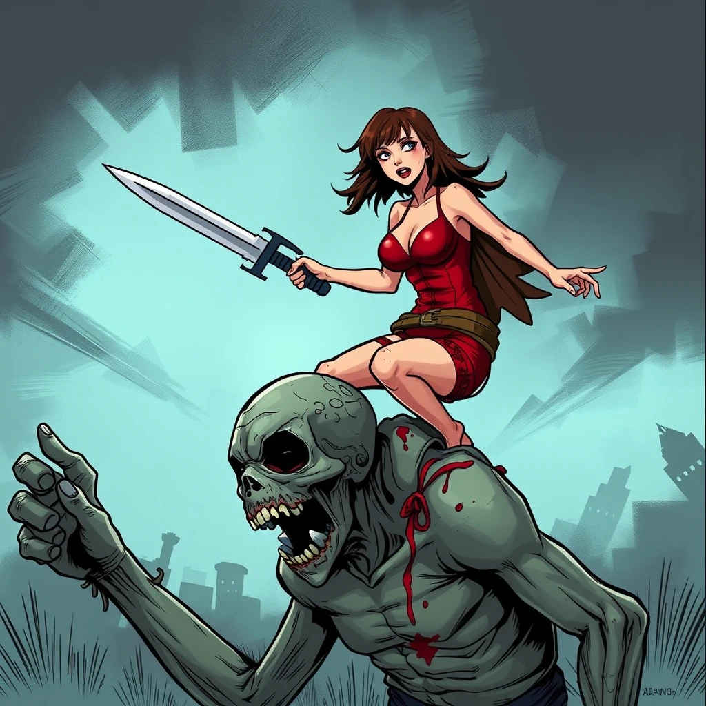 A girl in red sexy battle leather underwear rides on a zombie's shoulder, holding a stab and ready to kill him. Comic, Ada Wong. - Image