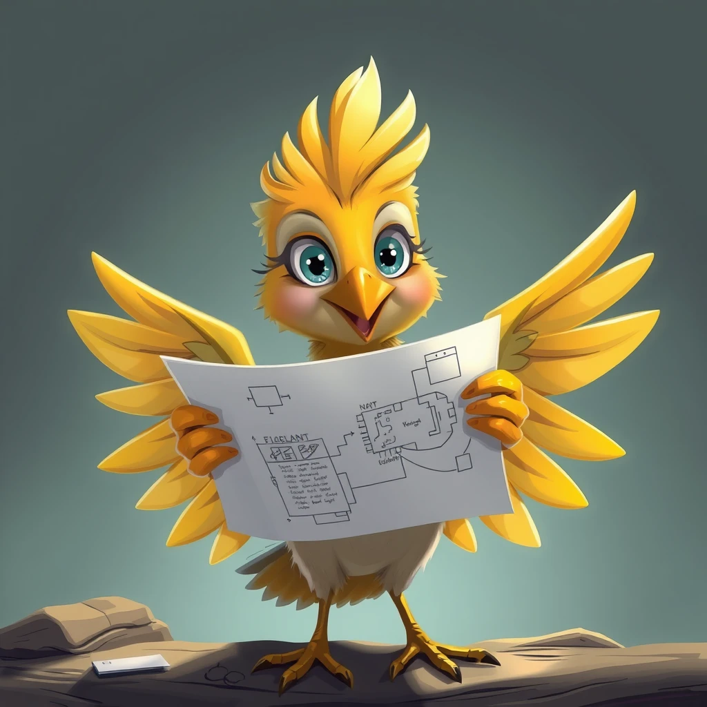 Bella the clever bird holds up a blueprint with her wings, her eyes sparkling with ingenuity as she explains her plan to Leo.