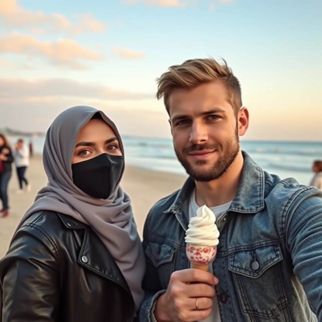 Jamie Dornan's head and body shot, handsome, face mask black, jeans jacket, jeans, dating, love couple with the biggest grey hijab Muslim girl, beautiful eyes, face mask black, black leather jacket, biggest skirt, at the beach, holding an ice cream, hyper-realistic, street photography, selfie.