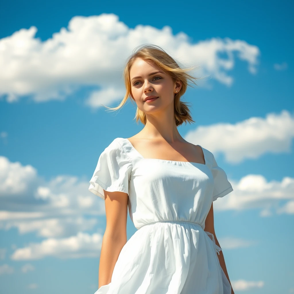 A serene, blissful scene of a young woman in a white dress. The scene feels real and unpolished, informal. The subject has natural beauty, authentic imperfections; counter to the plastic surgery so often seen. A few strands of light blonde frame the sides of her eyes. The fluffy clouds decorate the clear blue sky. The breeze teases the hem of her skirt. - Image