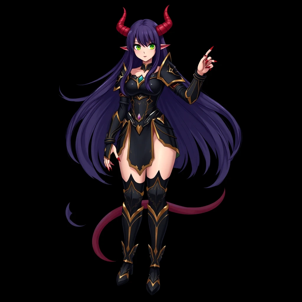 solo, 1 girl, high quality, very long hair, dark violet hair, green eyes, long red fingernails, demon horns, large hips, black armor with gold trim, standing pose, smooth curves, curvy body, black background, full body, boots