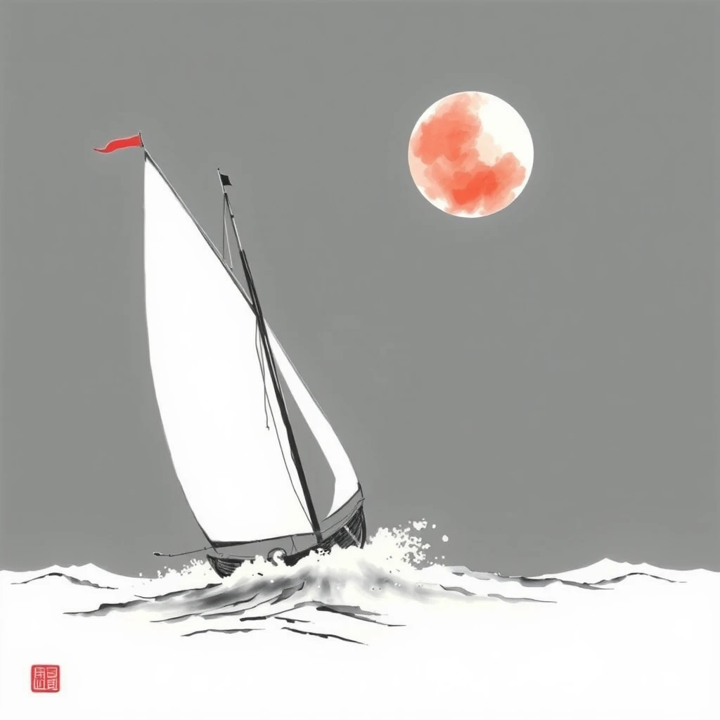 sail with the wind, Chinese ink painting - Image