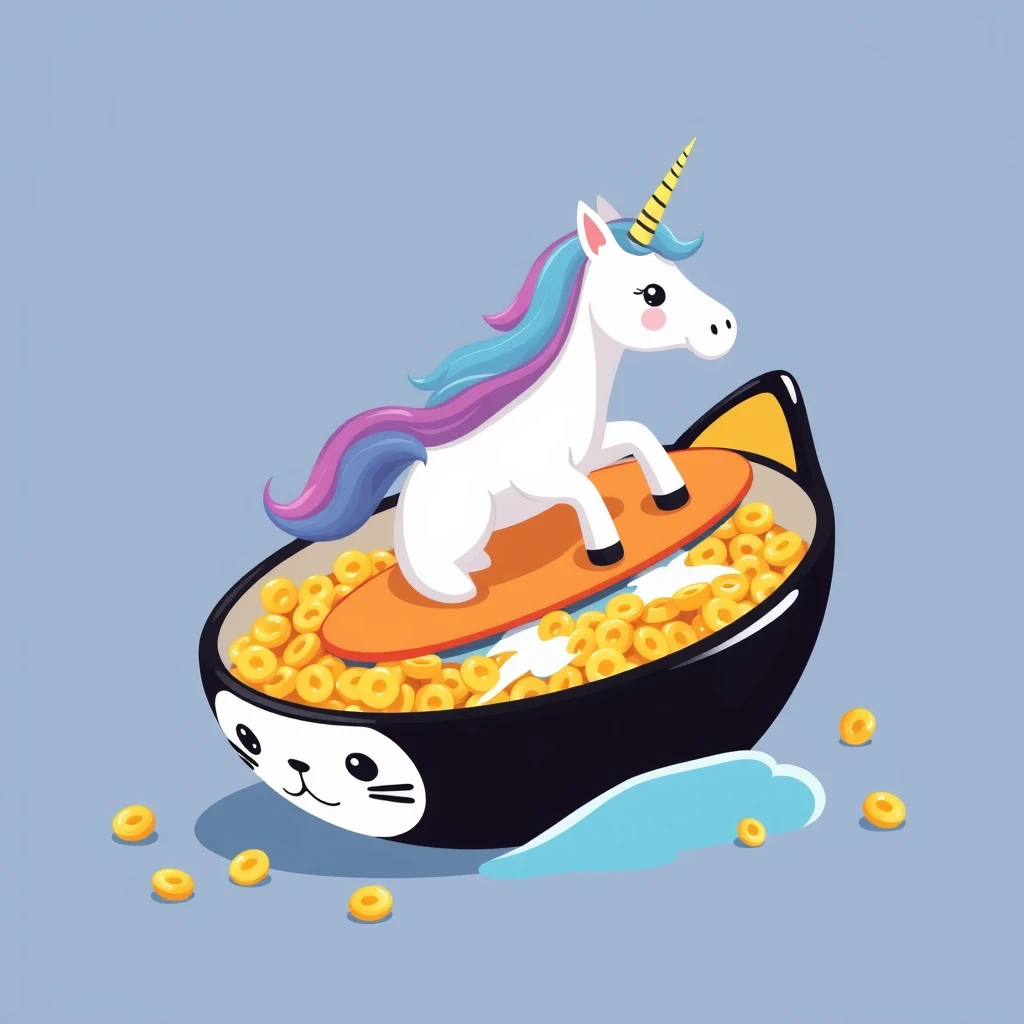 Unicorn surfing in a Cheerios bowl. The bowl is round-shaped with small cat ears. It is black, white, and yellow and has a cute cat face on it. - Image