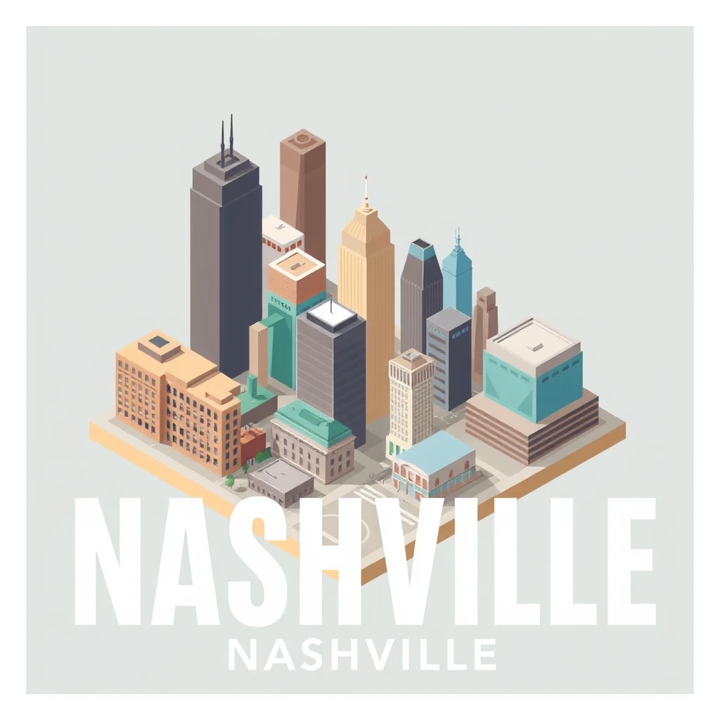 Modern wall art style isometric graphic of Nashville city. - Image